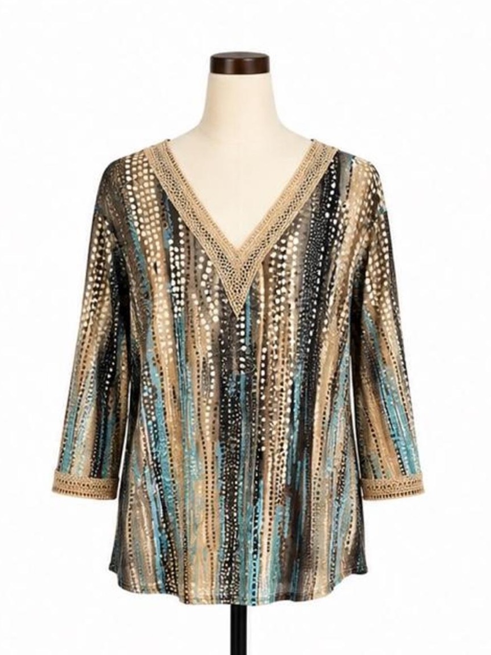 Multicoloured 3/4 Sleeve Boho Top With Shimmer Crochet Trim